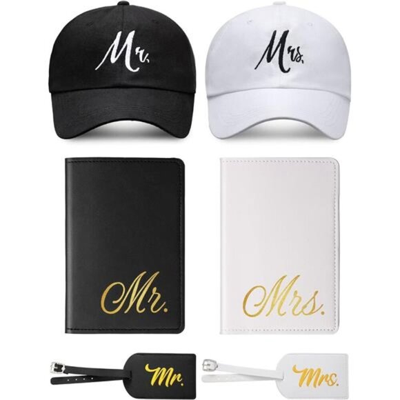 Mr & Mrs Travel Gift Set – Matching Hats, Passport Covers & Luggage Tags - Picture 1 of 7